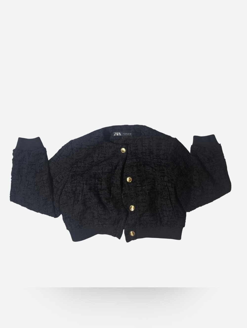 Zara Textured Black Bouclé Cropped Bomber Jacket w/ Embossed Gold Buttons